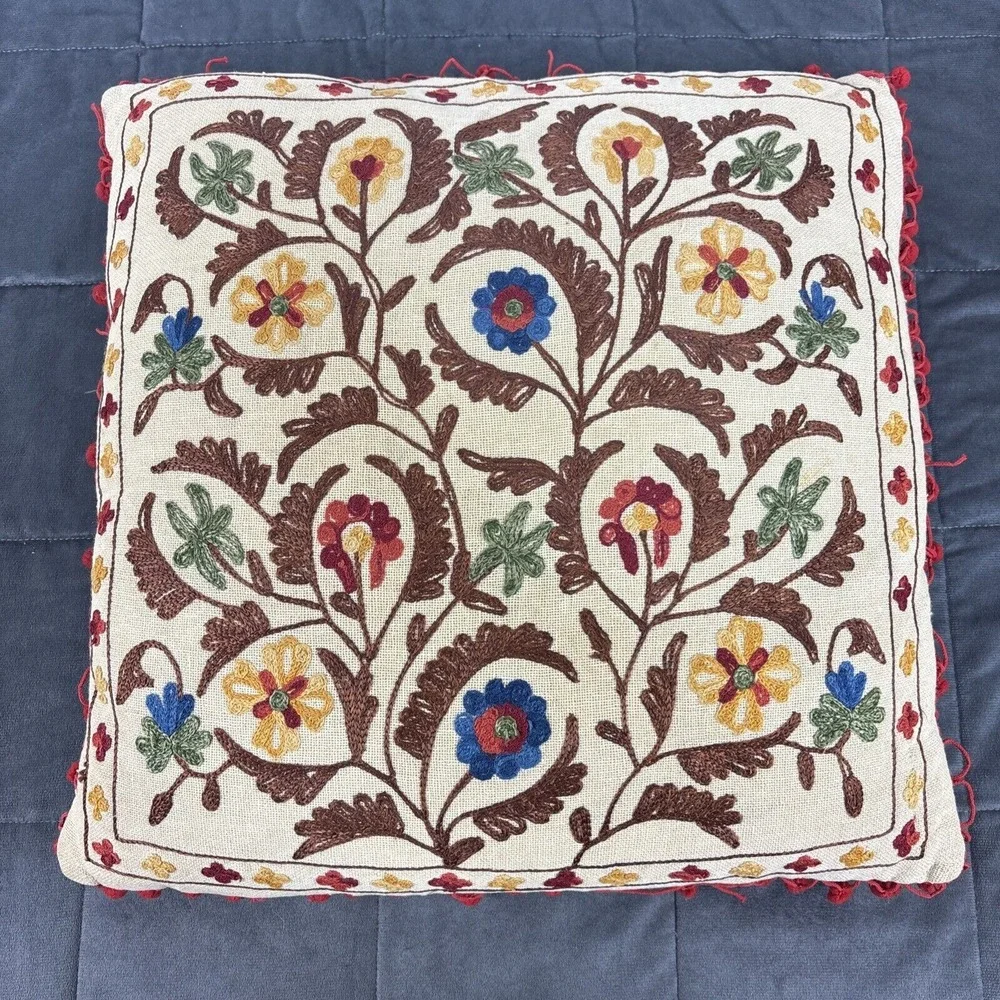 Pier 1 Embroidered Boho Pillows 2 Throw & 1 Lumbar Floral Stripe Earthy Neutrals